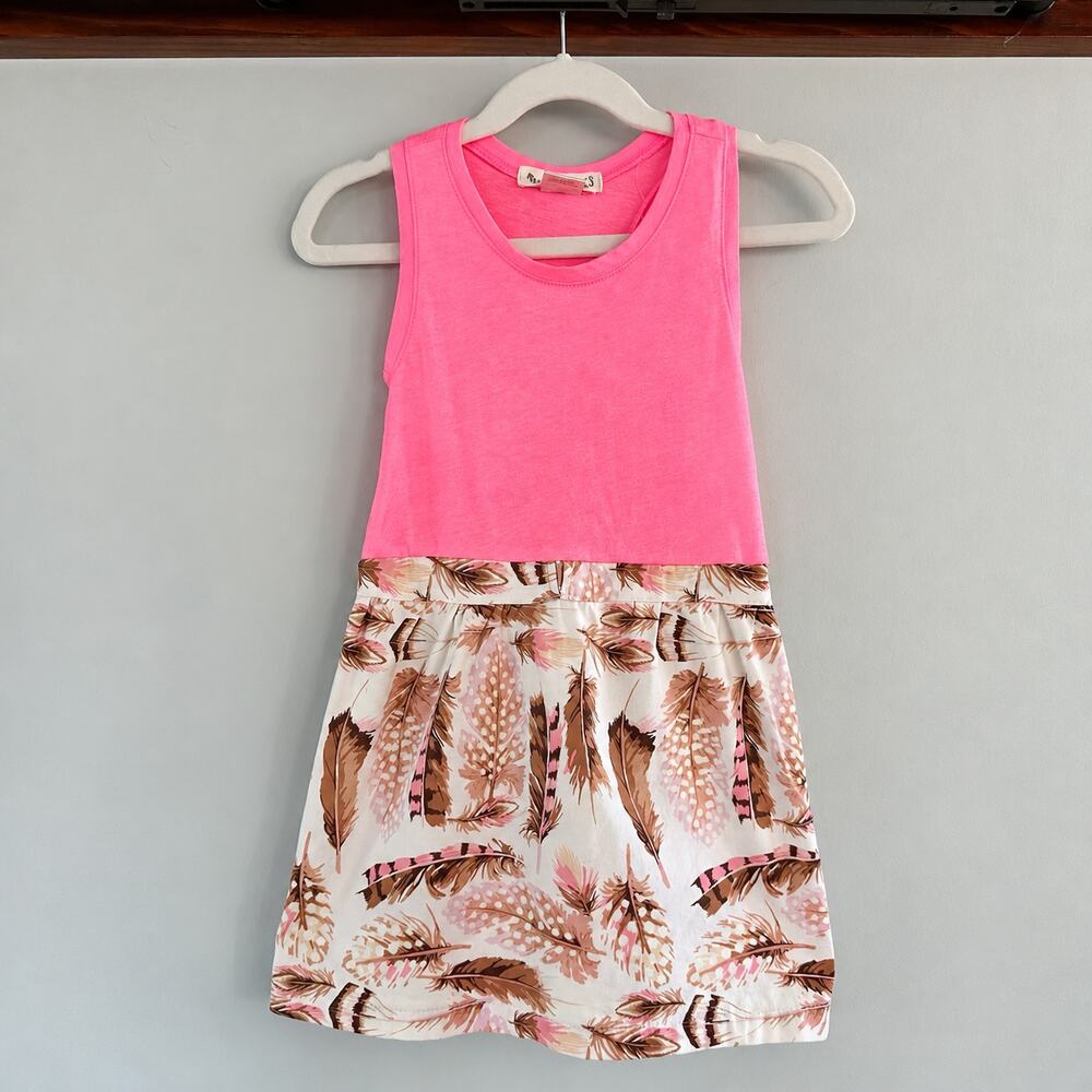 Peas and Queues Girls Size 4 Neon Pink Feather Print Cotton Dress Made USA